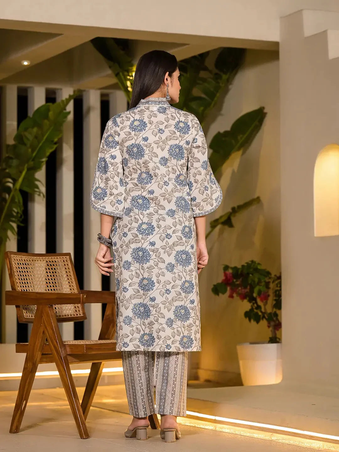 Yufta Blue And Off White Floral Print Cotton Straight Style Kurta And Trousers With Dupatta | Grocsy