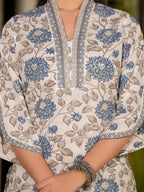 Yufta Blue And Off White Floral Print Cotton Straight Style Kurta And Trousers With Dupatta | Grocsy