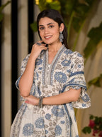 Yufta Blue And Off White Floral Print Cotton Straight Style Kurta And Trousers With Dupatta | Grocsy