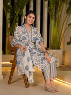 Yufta Blue And Off White Floral Print Cotton Straight Style Kurta And Trousers With Dupatta | Grocsy