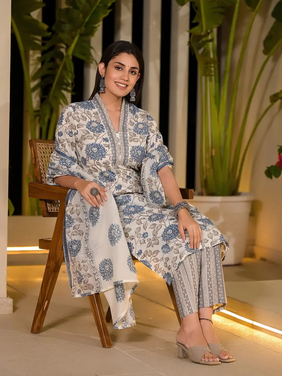 Yufta Blue And Off White Floral Print Cotton Straight Style Kurta And Trousers With Dupatta | Grocsy