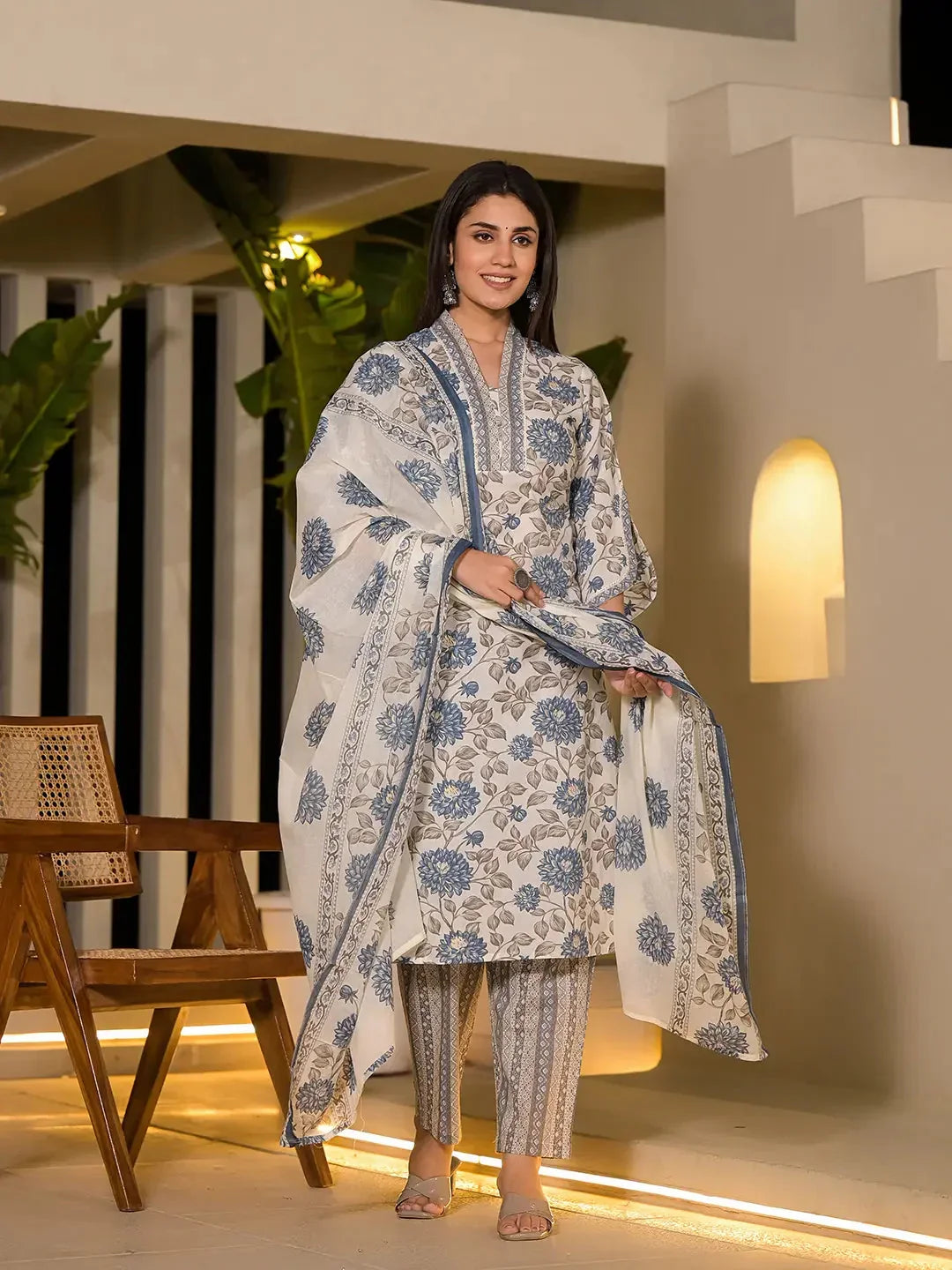 Yufta Blue And Off White Floral Print Cotton Straight Style Kurta And Trousers With Dupatta | Grocsy