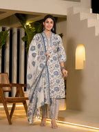Yufta Blue And Off White Floral Print Cotton Straight Style Kurta And Trousers With Dupatta | Grocsy