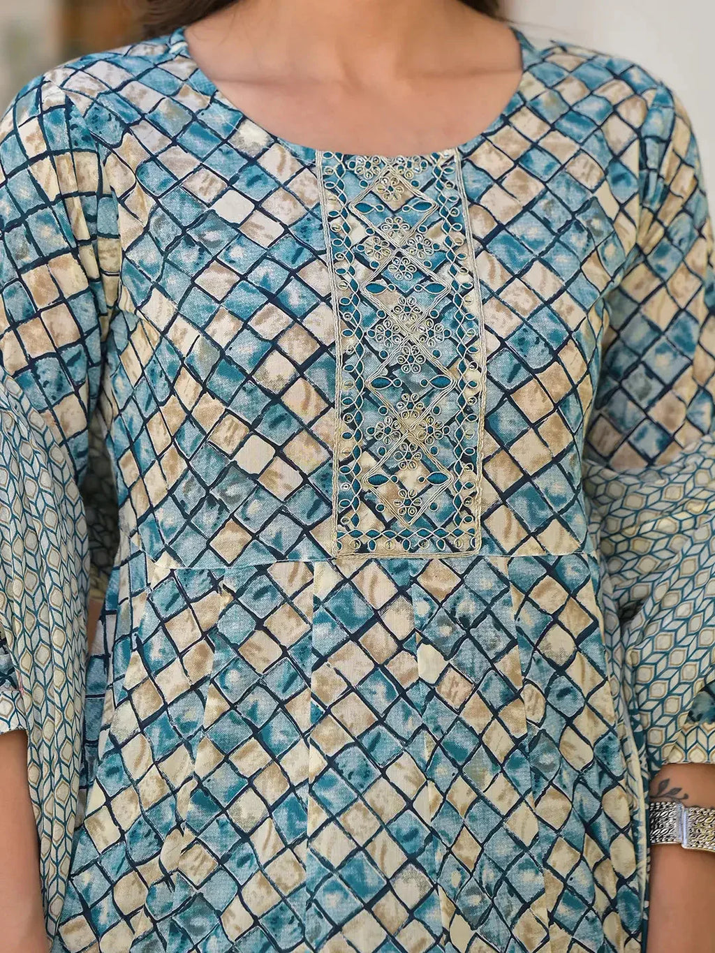 Yufta Blue Checkered Print Anarkali Kurta Trouser With Dupatta Set | Grocsy