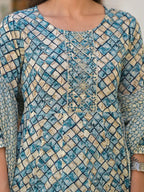 Yufta Blue Checkered Print Anarkali Kurta Trouser With Dupatta Set | Grocsy