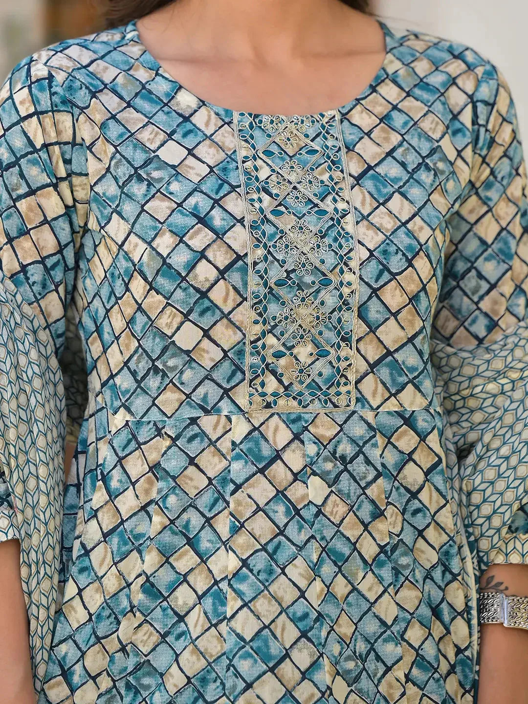 Yufta Blue Checkered Print Anarkali Kurta Trouser With Dupatta Set | Grocsy
