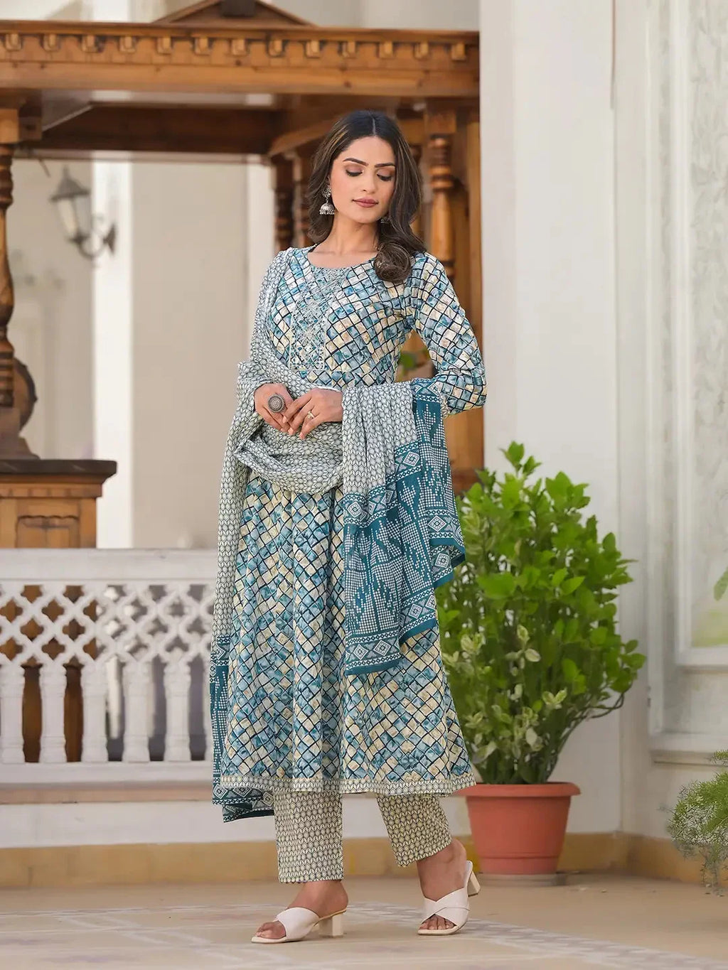 Yufta Blue Checkered Print Anarkali Kurta Trouser With Dupatta Set | Grocsy