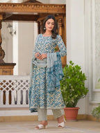 Yufta Blue Checkered Print Anarkali Kurta Trouser With Dupatta Set | Grocsy