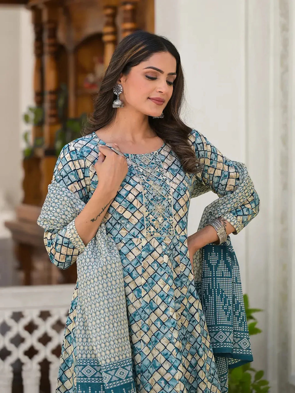 Yufta Blue Checkered Print Anarkali Kurta Trouser With Dupatta Set | Grocsy