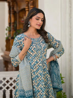 Yufta Blue Checkered Print Anarkali Kurta Trouser With Dupatta Set | Grocsy