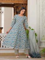 Yufta Blue Checkered Print Anarkali Kurta Trouser With Dupatta Set | Grocsy
