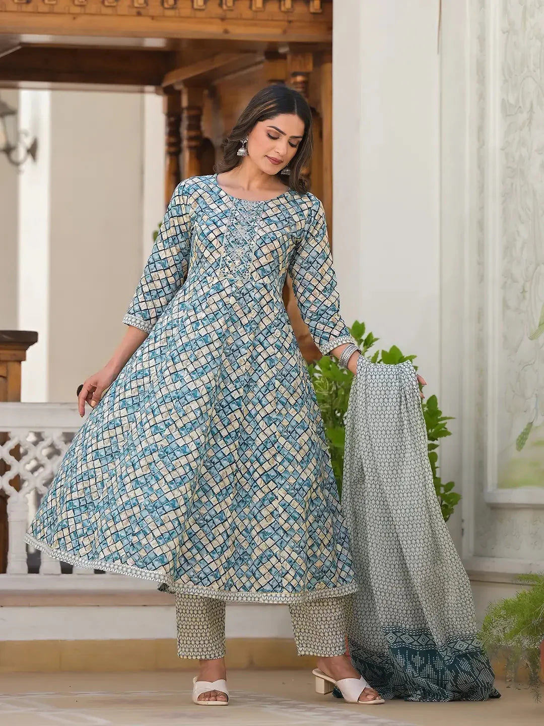 Yufta Blue Checkered Print Anarkali Kurta Trouser With Dupatta Set | Grocsy