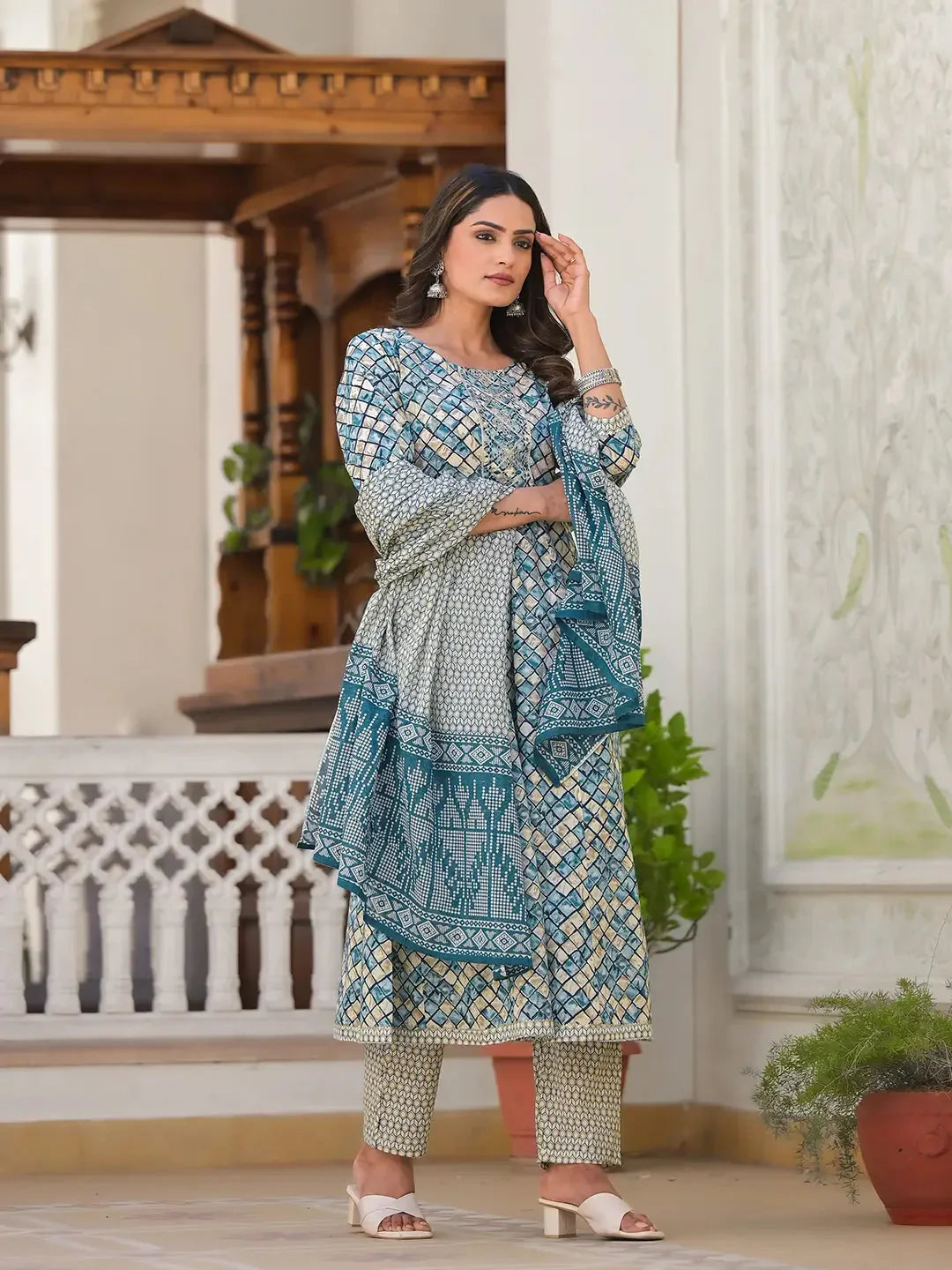 Yufta Blue Checkered Print Anarkali Kurta Trouser With Dupatta Set | Grocsy