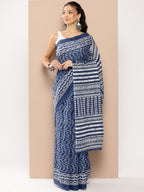 Yufta Blue Chevron Mulmul Cotton Sarees With Unstitched Blouse | Grocsy