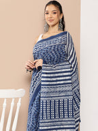 Yufta Blue Chevron Mulmul Cotton Sarees With Unstitched Blouse | Grocsy