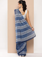 Yufta Blue Chevron Mulmul Cotton Sarees With Unstitched Blouse | Grocsy