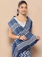 Yufta Blue Chevron Mulmul Cotton Sarees With Unstitched Blouse | Grocsy