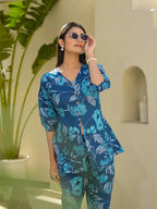 Yufta Blue Cotton Ethnic Motifs Print Co-Ord Set | Grocsy