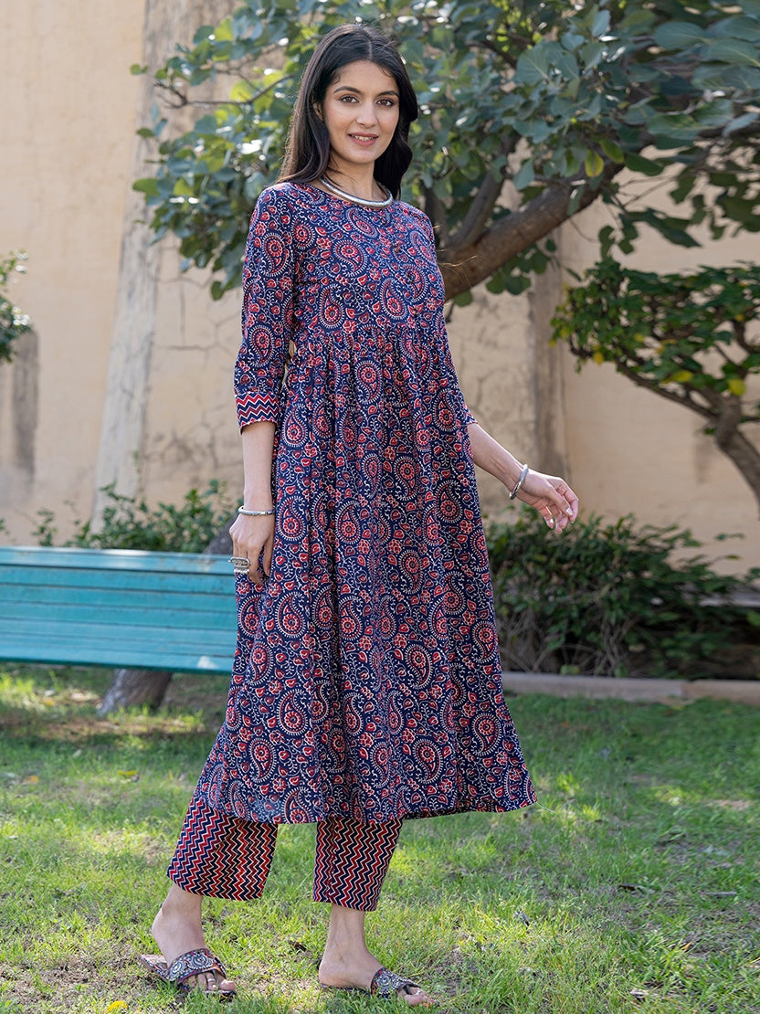 Yufta Blue Cotton Printed gathered kurta Set With Front Slit | Grocsy