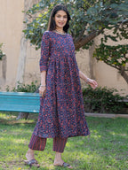 Yufta Blue Cotton Printed gathered kurta Set With Front Slit | Grocsy