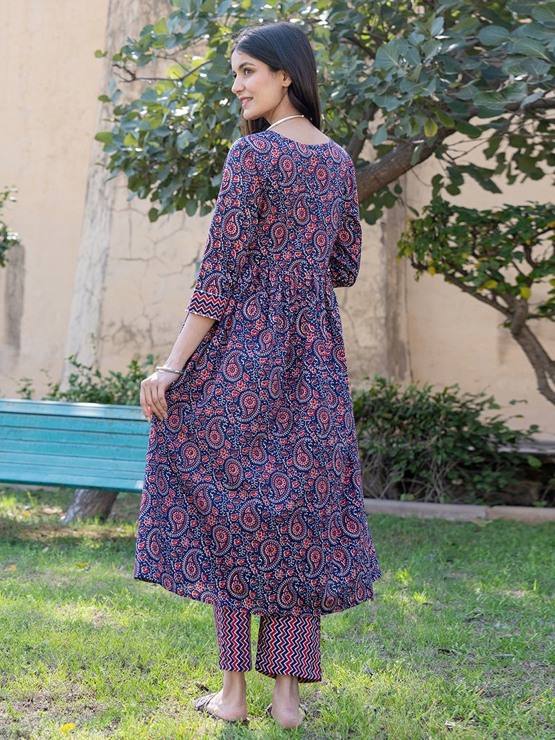 Yufta Blue Cotton Printed gathered kurta Set With Front Slit | Grocsy
