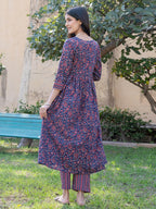 Yufta Blue Cotton Printed gathered kurta Set With Front Slit | Grocsy