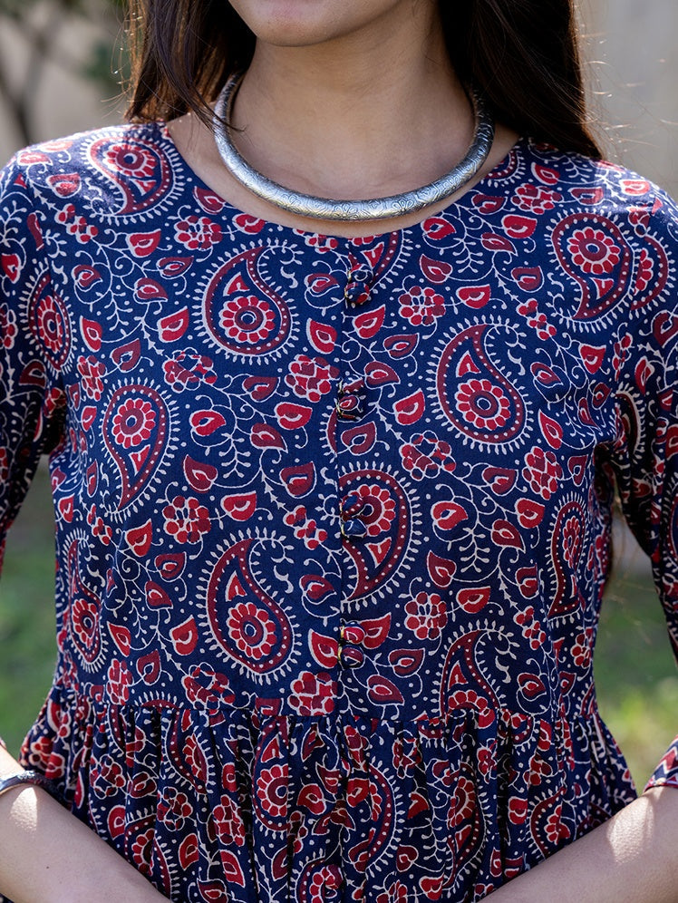 Yufta Blue Cotton Printed gathered kurta Set With Front Slit | Grocsy