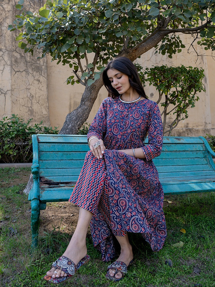 Yufta Blue Cotton Printed gathered kurta Set With Front Slit | Grocsy