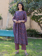 Yufta Blue Cotton Printed gathered kurta Set With Front Slit | Grocsy