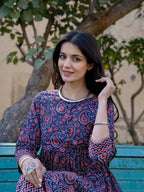 Yufta Blue Cotton Printed gathered kurta Set With Front Slit | Grocsy