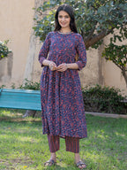 Yufta Blue Cotton Printed gathered kurta Set With Front Slit | Grocsy