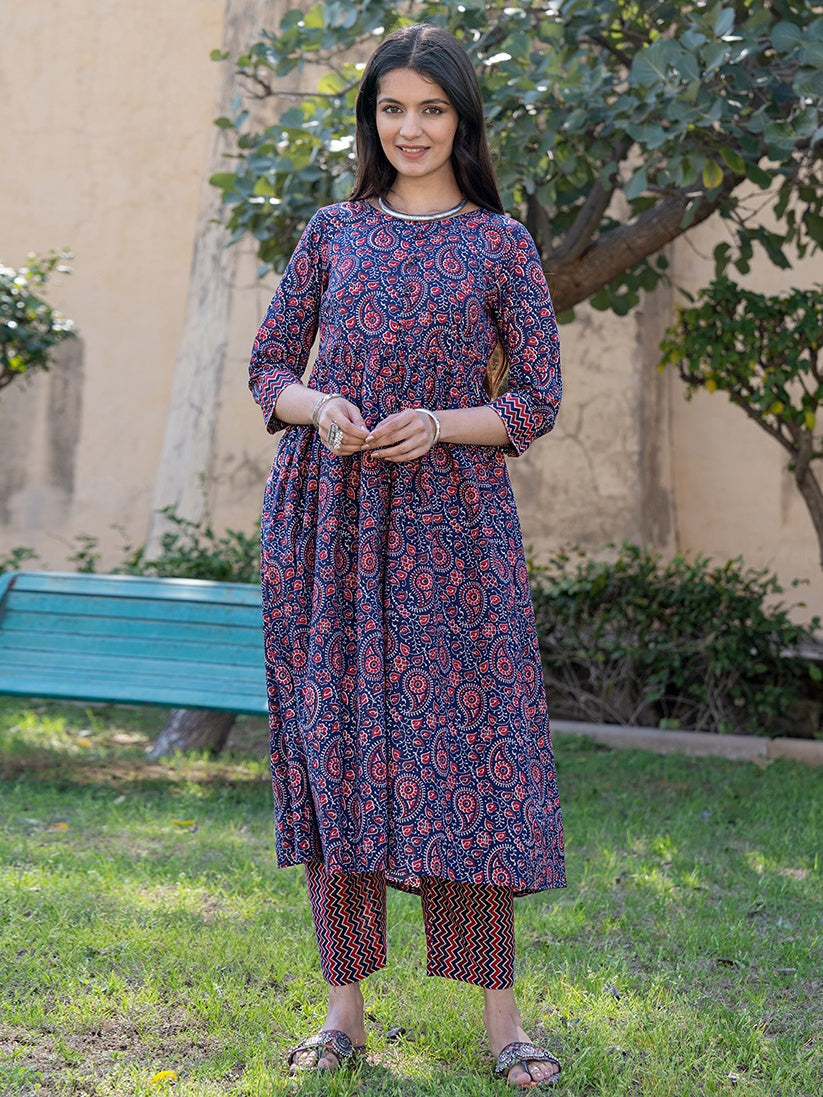 Yufta Blue Cotton Printed gathered kurta Set With Front Slit | Grocsy