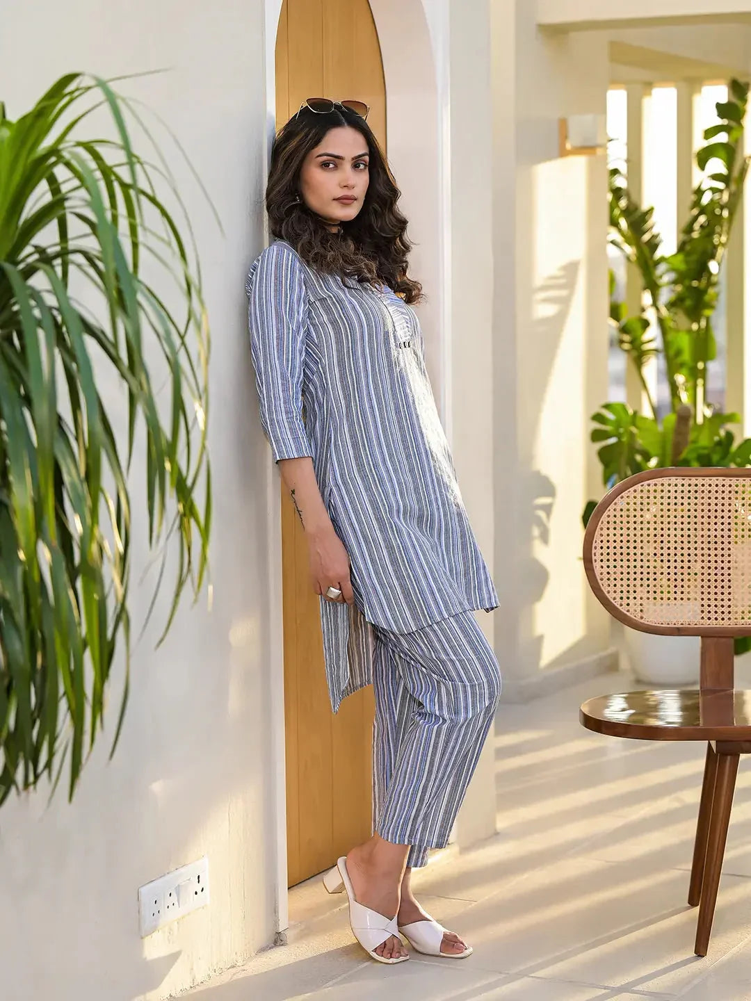 Yufta Blue Cotton Striped Print Co-Ord Set | Grocsy
