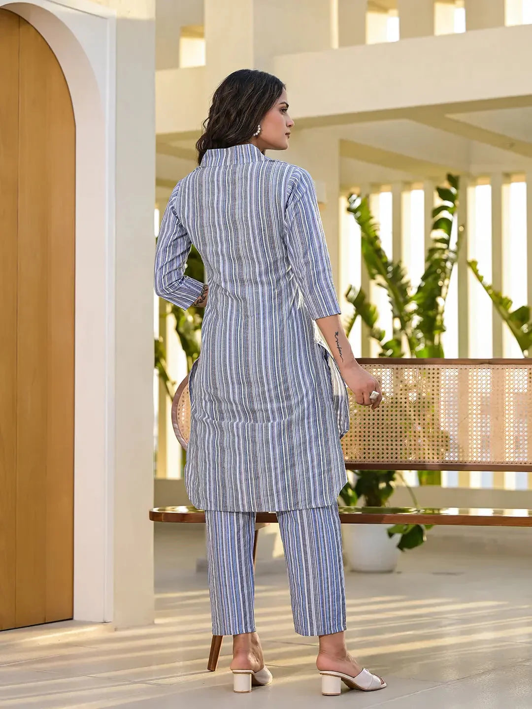 Yufta Blue Cotton Striped Print Co-Ord Set | Grocsy