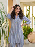 Yufta Blue Cotton Striped Print Co-Ord Set | Grocsy