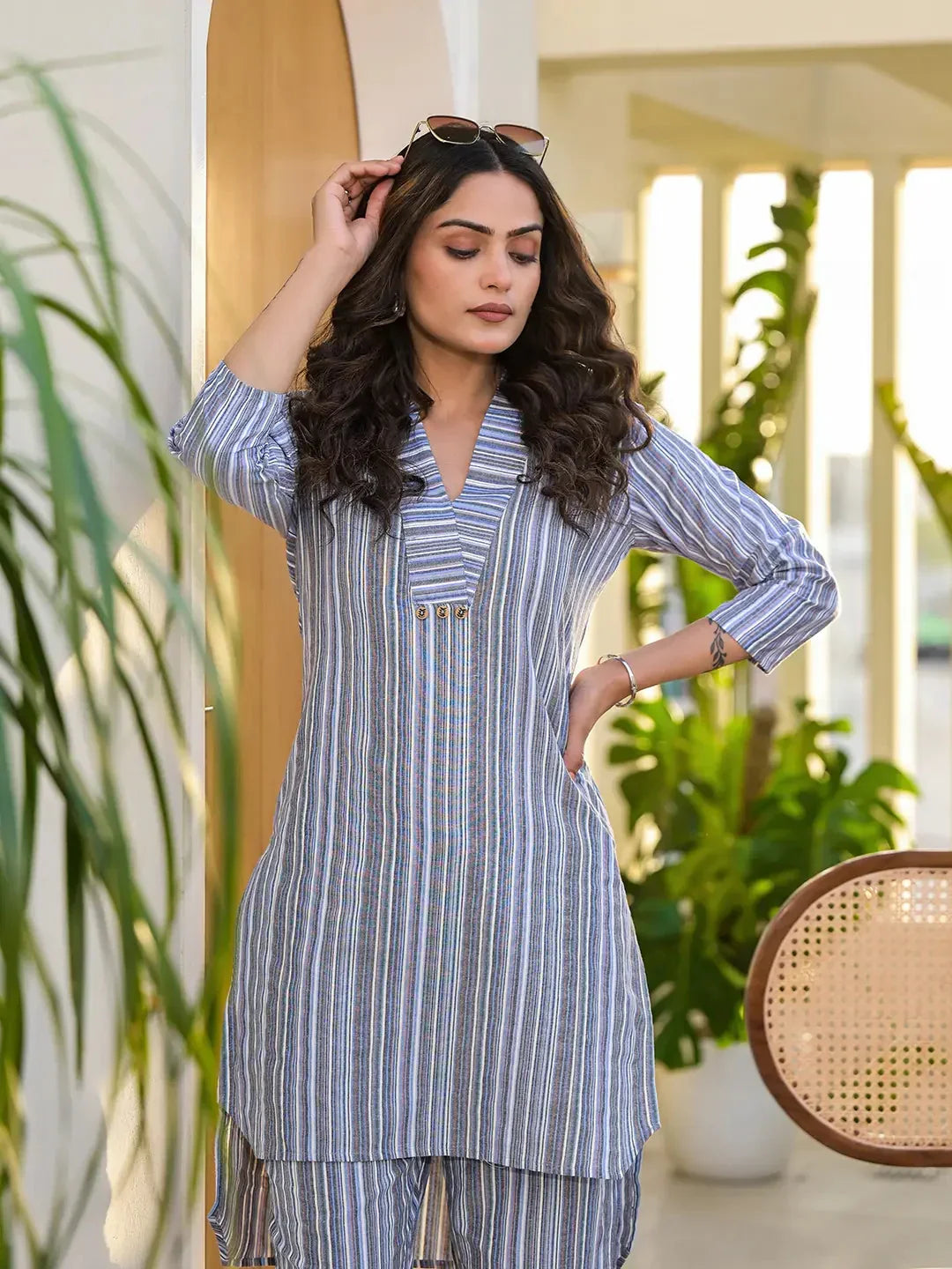Yufta Blue Cotton Striped Print Co-Ord Set | Grocsy