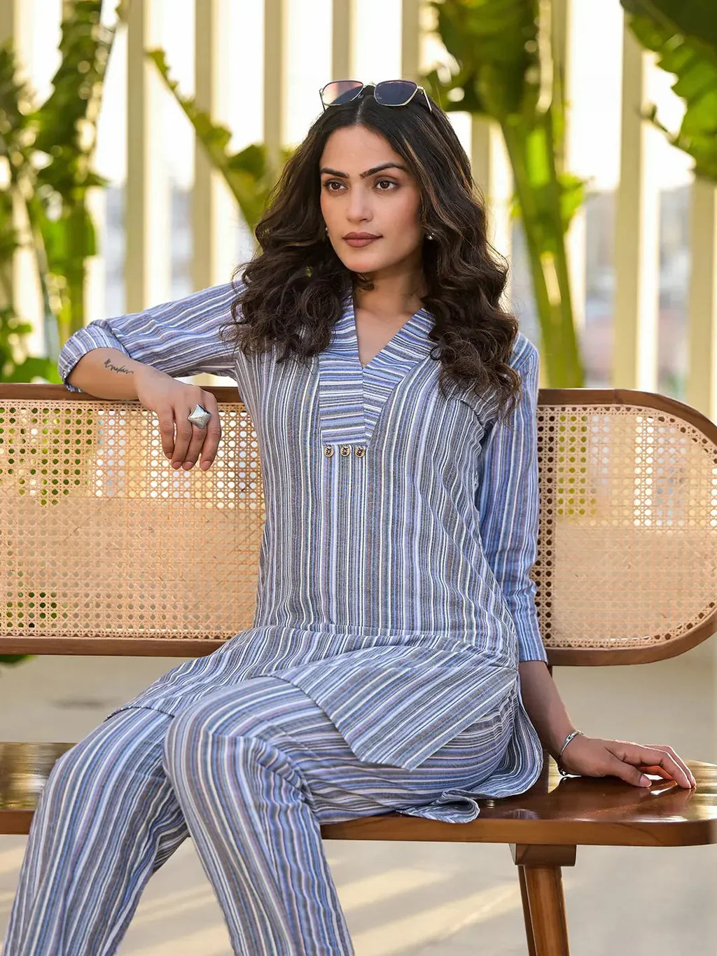 Yufta Blue Cotton Striped Print Co-Ord Set | Grocsy