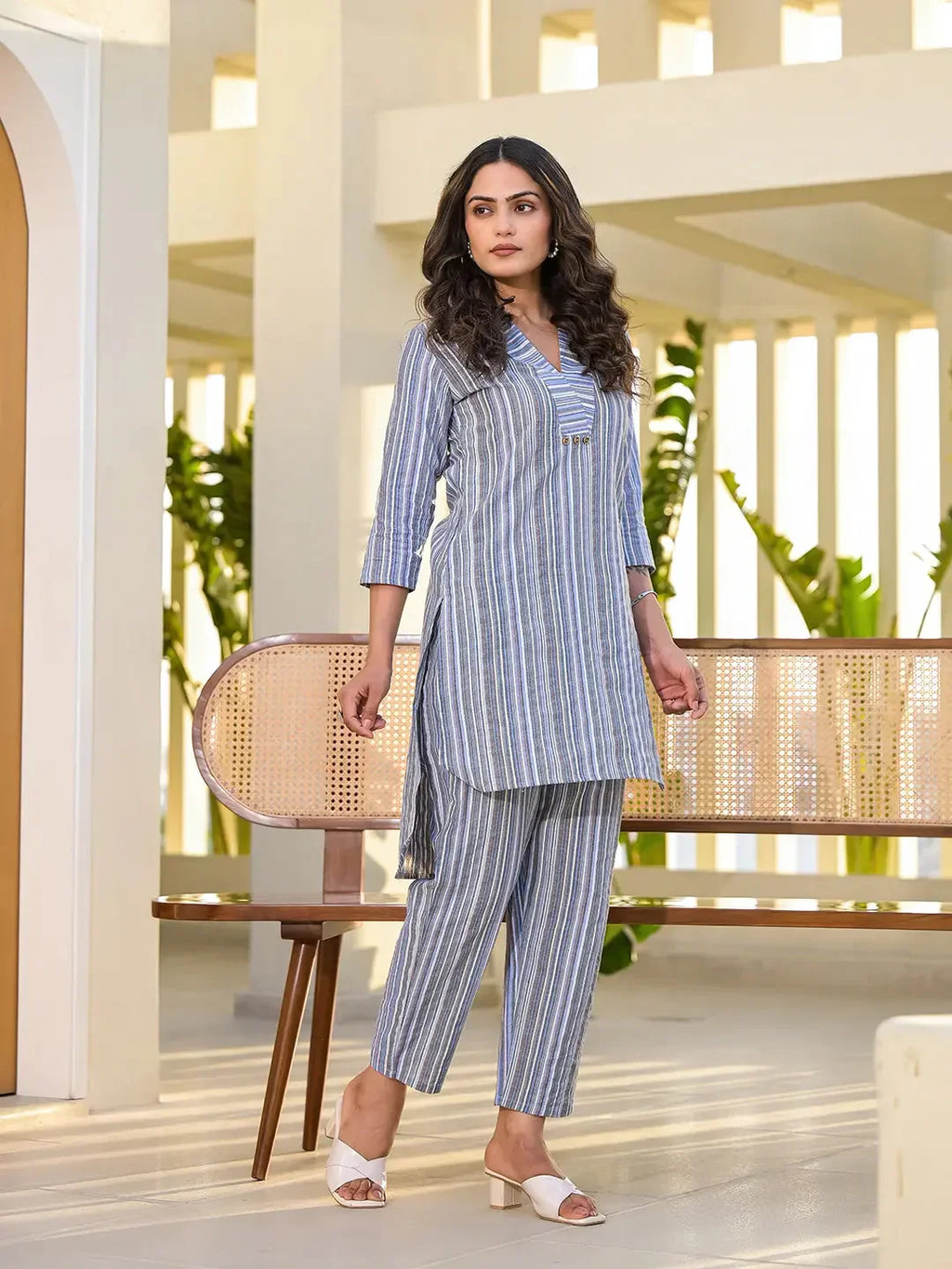 Yufta Blue Cotton Striped Print Co-Ord Set | Grocsy