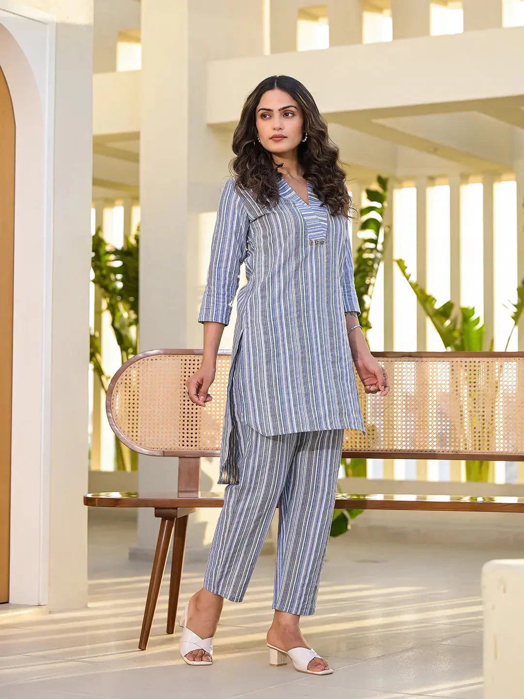 Yufta Blue Cotton Striped Print Co-Ord Set | Grocsy