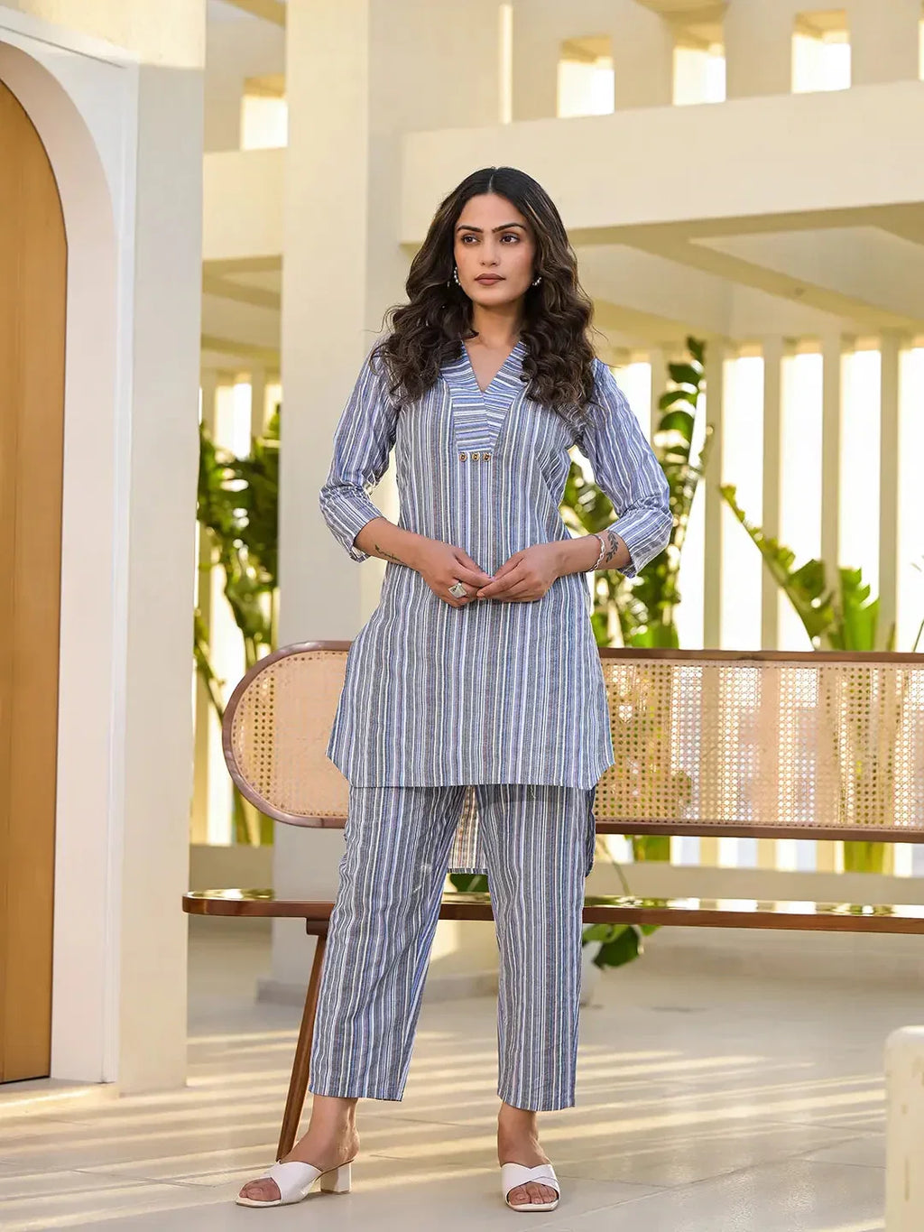 Yufta Blue Cotton Striped Print Co-Ord Set | Grocsy