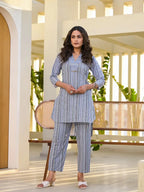 Yufta Blue Cotton Striped Print Co-Ord Set | Grocsy