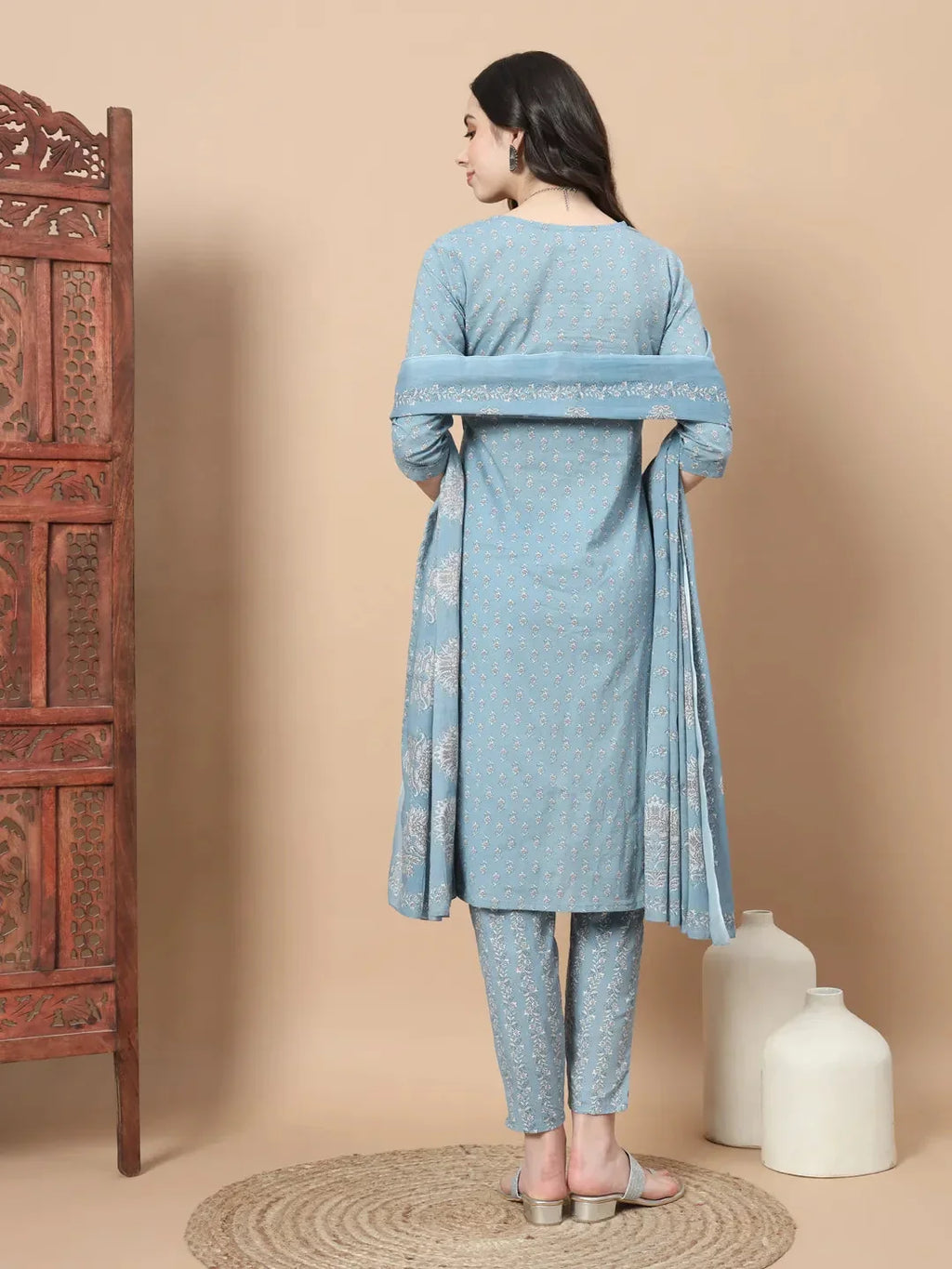 Yufta Blue Ethnic Motifs,Thread_Work Straight Kurta Trouser And Dupatta Set | Grocsy