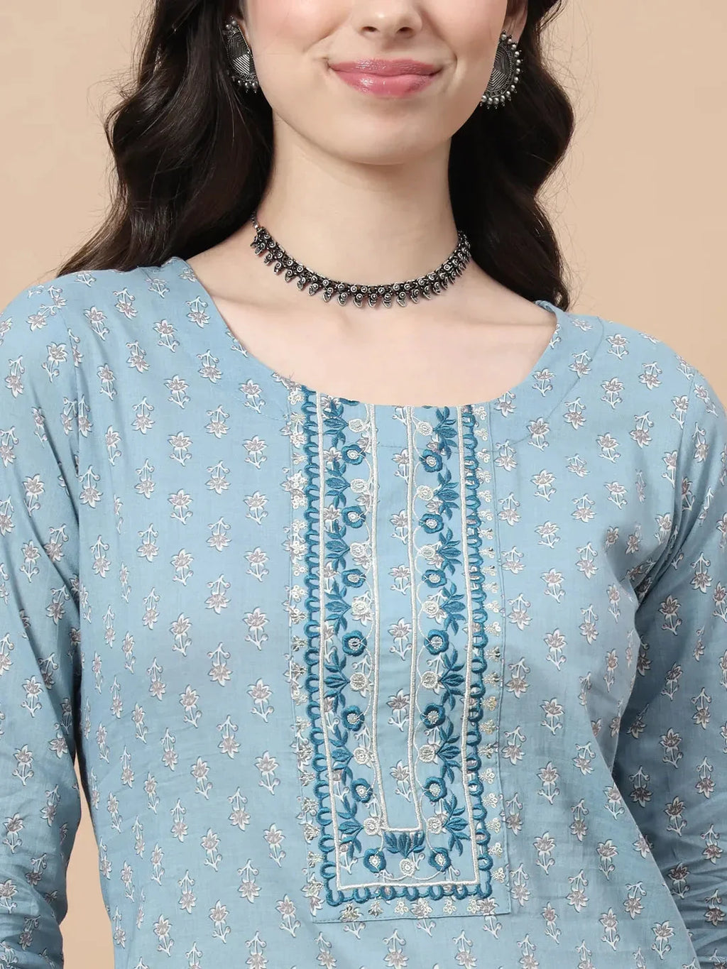 Yufta Blue Ethnic Motifs,Thread_Work Straight Kurta Trouser And Dupatta Set | Grocsy