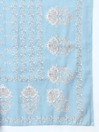 Yufta Blue Ethnic Motifs,Thread_Work Straight Kurta Trouser And Dupatta Set | Grocsy