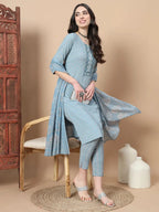 Yufta Blue Ethnic Motifs,Thread_Work Straight Kurta Trouser And Dupatta Set | Grocsy