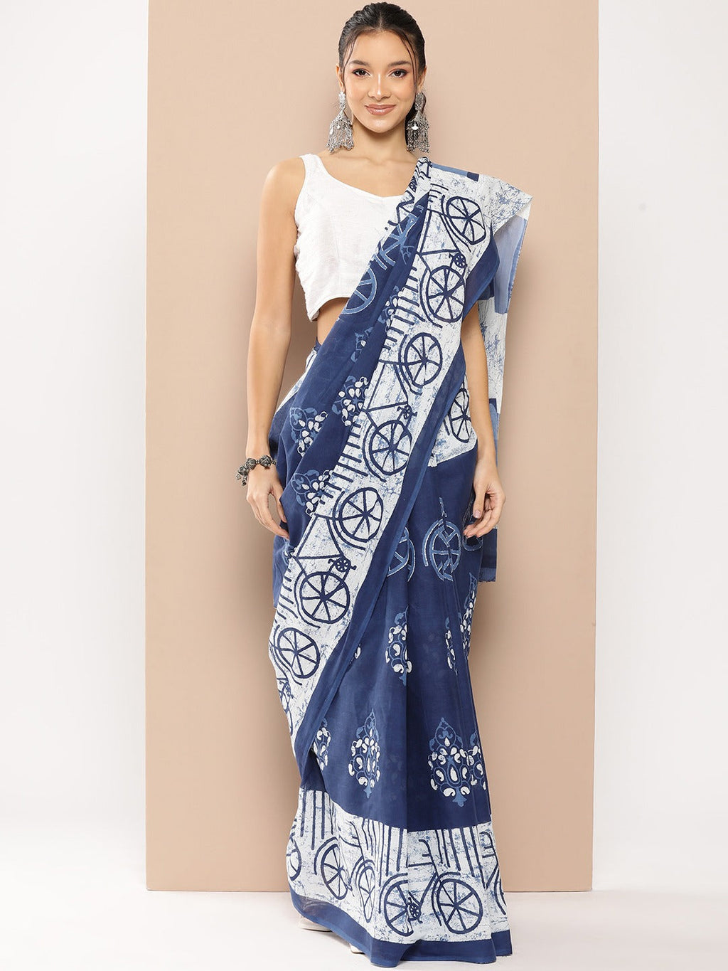 Yufta Blue Ethnic motifs Mulmul Cotton Sarees With Unstitched Blouse | Grocsy