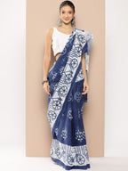 Yufta Blue Ethnic motifs Mulmul Cotton Sarees With Unstitched Blouse | Grocsy