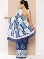 Yufta Blue Ethnic motifs Mulmul Cotton Sarees With Unstitched Blouse | Grocsy