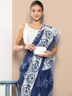 Yufta Blue Ethnic motifs Mulmul Cotton Sarees With Unstitched Blouse | Grocsy