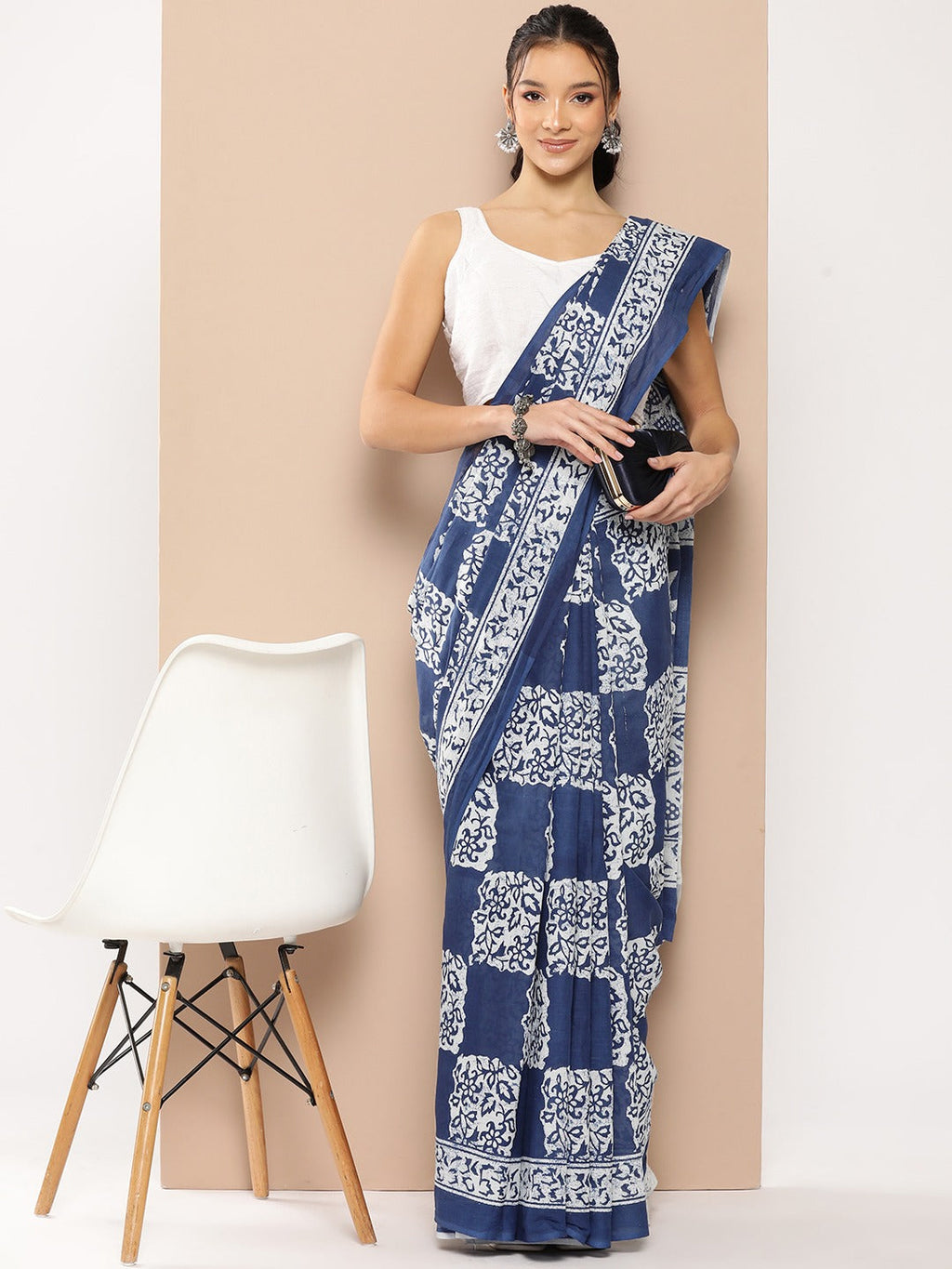 Yufta Blue Ethnic motifs Mulmul Cotton Sarees With Unstitched Blouse | Grocsy